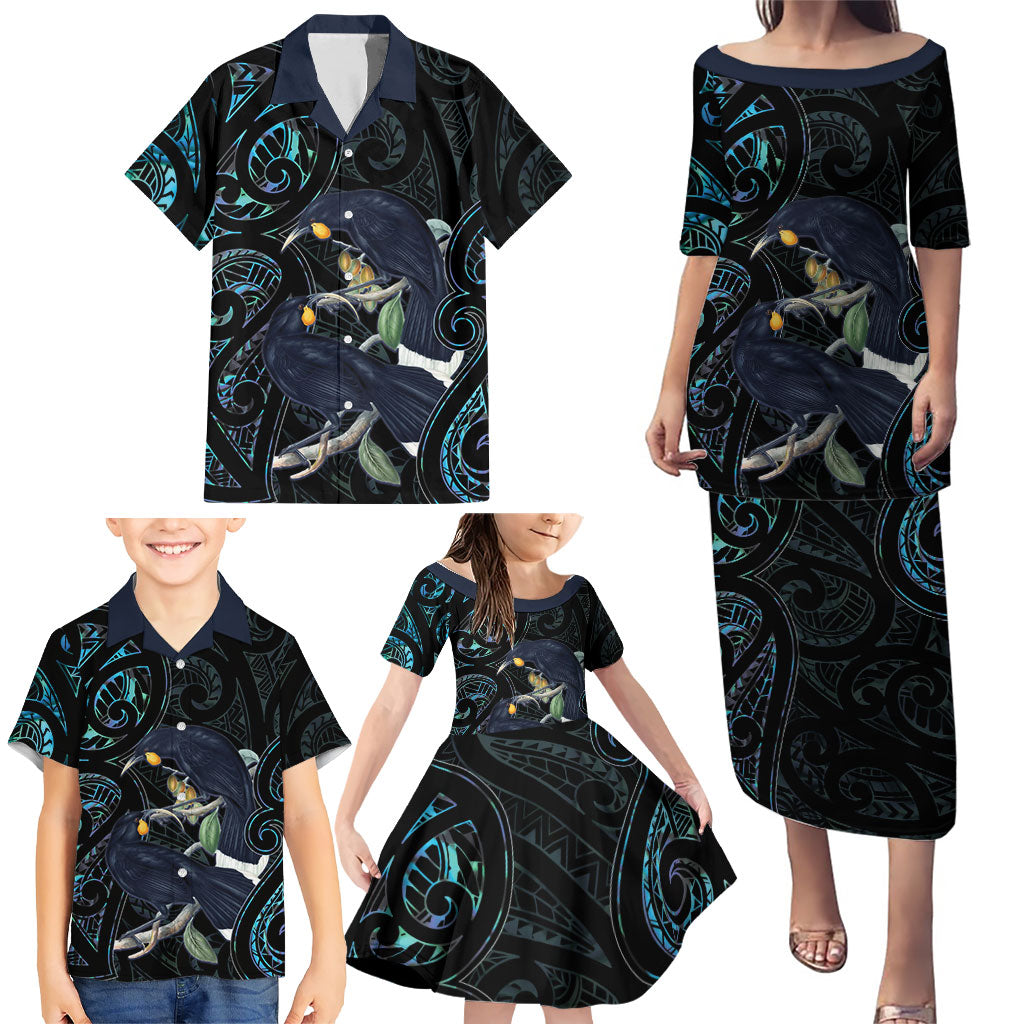 New Zealand Huia Bird Family Matching Puletasi and Hawaiian Shirt Paua Shell Maori Pattern