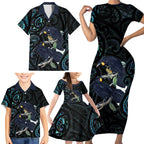 New Zealand Huia Bird Family Matching Short Sleeve Bodycon Dress and Hawaiian Shirt Paua Shell Maori Pattern