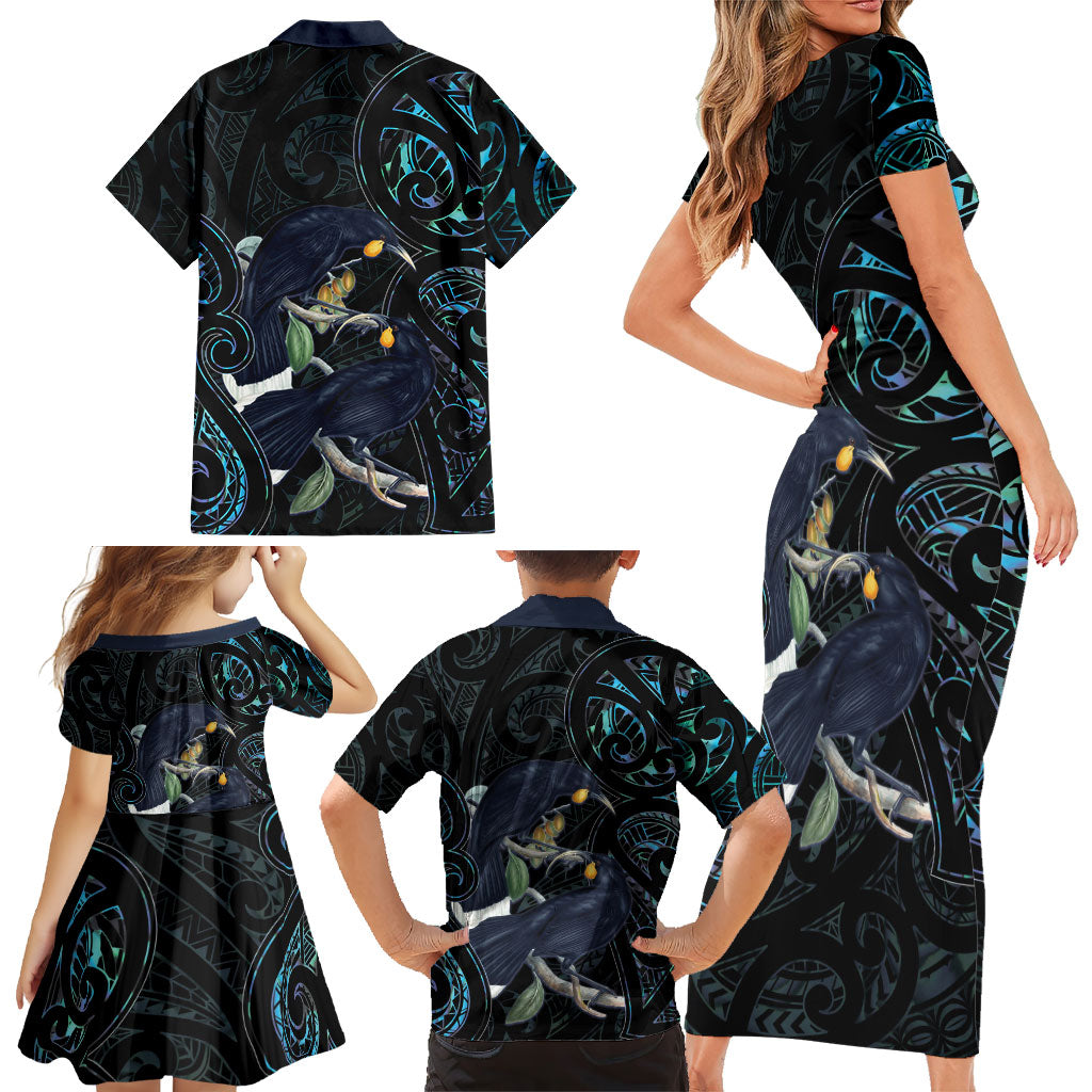 New Zealand Huia Bird Family Matching Short Sleeve Bodycon Dress and Hawaiian Shirt Paua Shell Maori Pattern