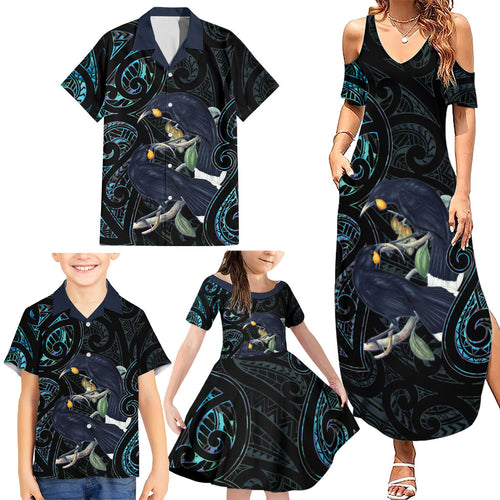 New Zealand Huia Bird Family Matching Summer Maxi Dress and Hawaiian Shirt Paua Shell Maori Pattern