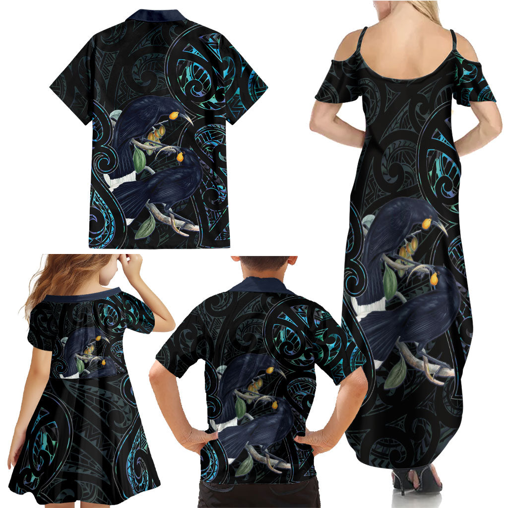 New Zealand Huia Bird Family Matching Summer Maxi Dress and Hawaiian Shirt Paua Shell Maori Pattern