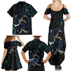 New Zealand Huia Bird Family Matching Summer Maxi Dress and Hawaiian Shirt Paua Shell Maori Pattern