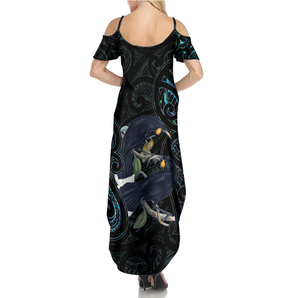 New Zealand Huia Bird Family Matching Summer Maxi Dress and Hawaiian Shirt Paua Shell Maori Pattern