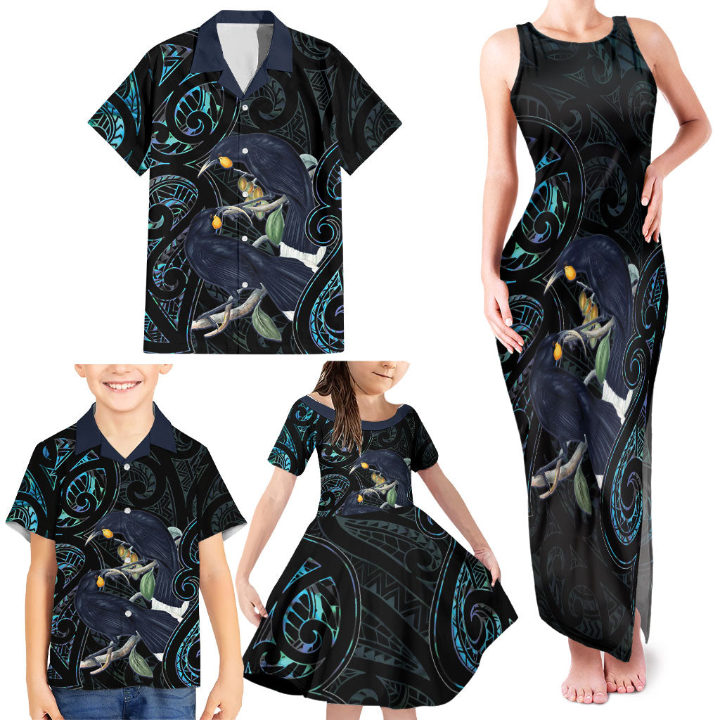 New Zealand Huia Bird Family Matching Tank Maxi Dress and Hawaiian Shirt Paua Shell Maori Pattern