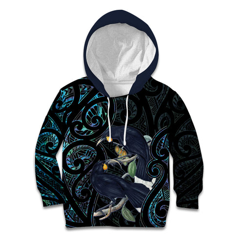 New Zealand Huia Bird Kid Hoodie Paua Shell Maori Pattern