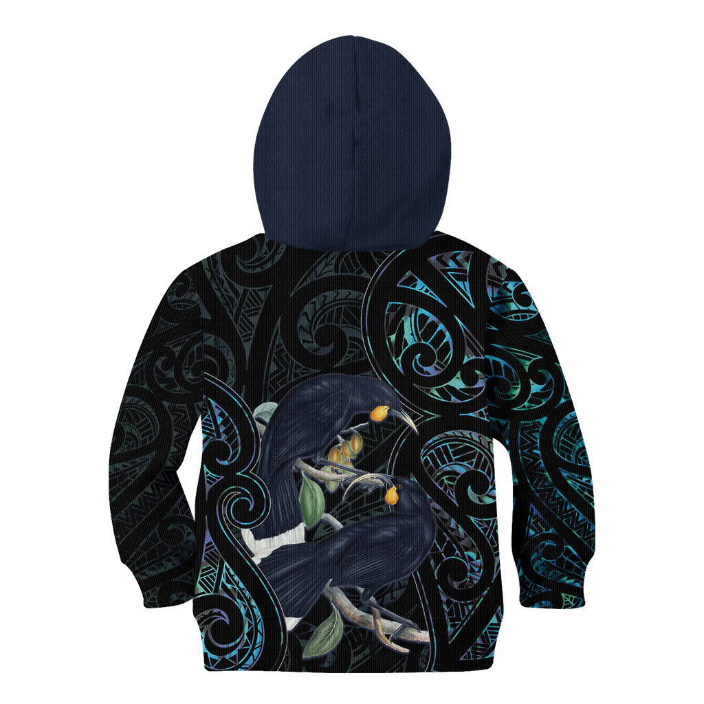 New Zealand Huia Bird Kid Hoodie Paua Shell Maori Pattern