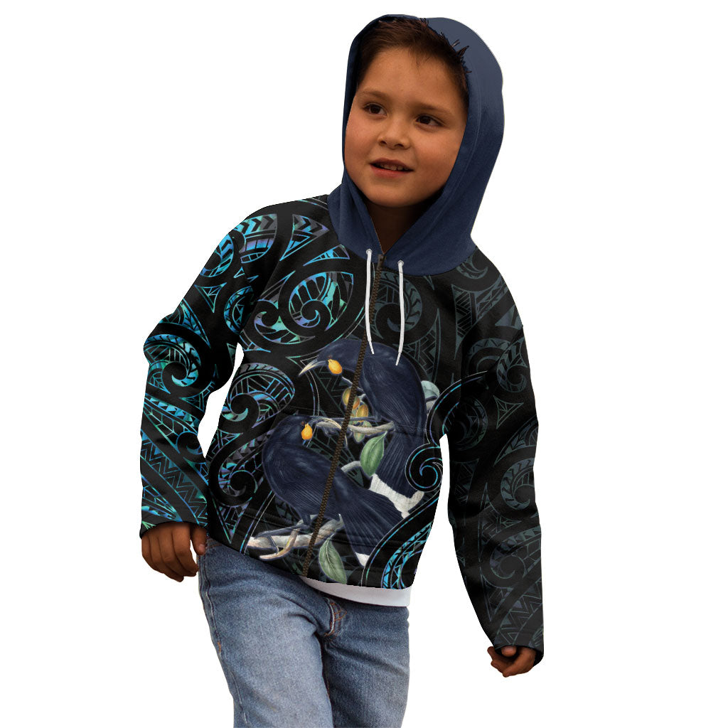 New Zealand Huia Bird Kid Hoodie Paua Shell Maori Pattern
