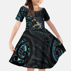 New Zealand Huia Bird Kid Short Sleeve Dress Paua Shell Maori Pattern