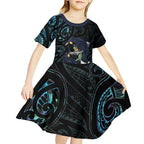 New Zealand Huia Bird Kid Short Sleeve Dress Paua Shell Maori Pattern