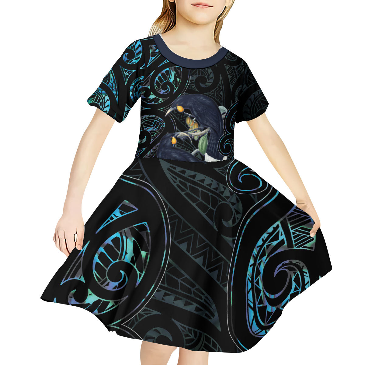 New Zealand Huia Bird Kid Short Sleeve Dress Paua Shell Maori Pattern