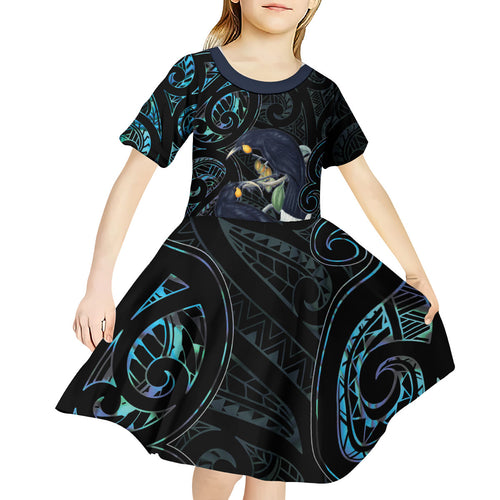 New Zealand Huia Bird Kid Short Sleeve Dress Paua Shell Maori Pattern