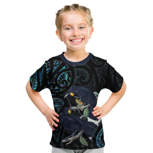New Zealand Huia Bird Kid T Shirt Paua Shell Maori Pattern