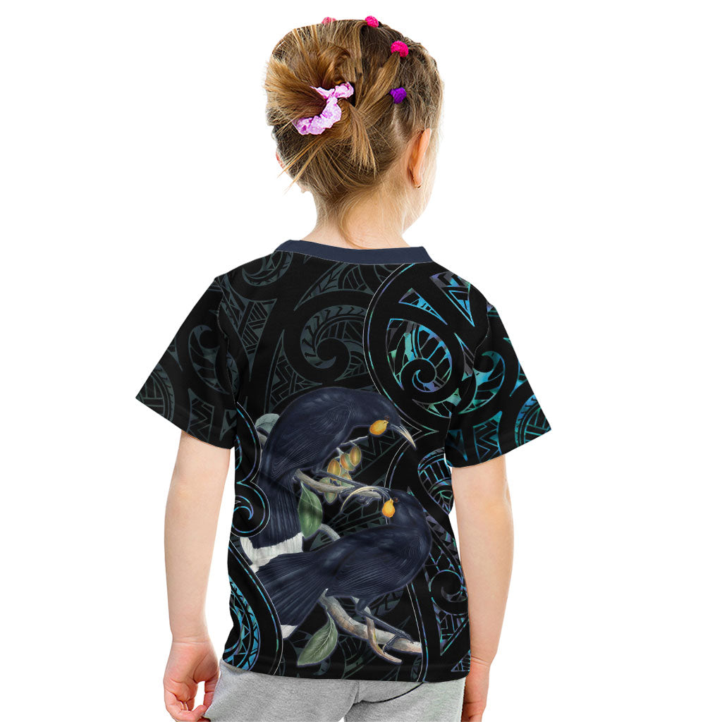 New Zealand Huia Bird Kid T Shirt Paua Shell Maori Pattern