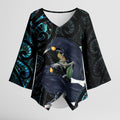New Zealand Huia Bird Kimono Sleeve Blouse Paua Shell Maori Pattern