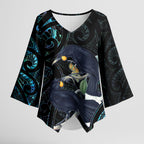 New Zealand Huia Bird Kimono Sleeve Blouse Paua Shell Maori Pattern