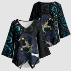 New Zealand Huia Bird Kimono Sleeve Blouse Paua Shell Maori Pattern