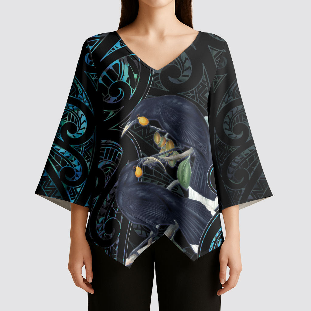 New Zealand Huia Bird Kimono Sleeve Blouse Paua Shell Maori Pattern