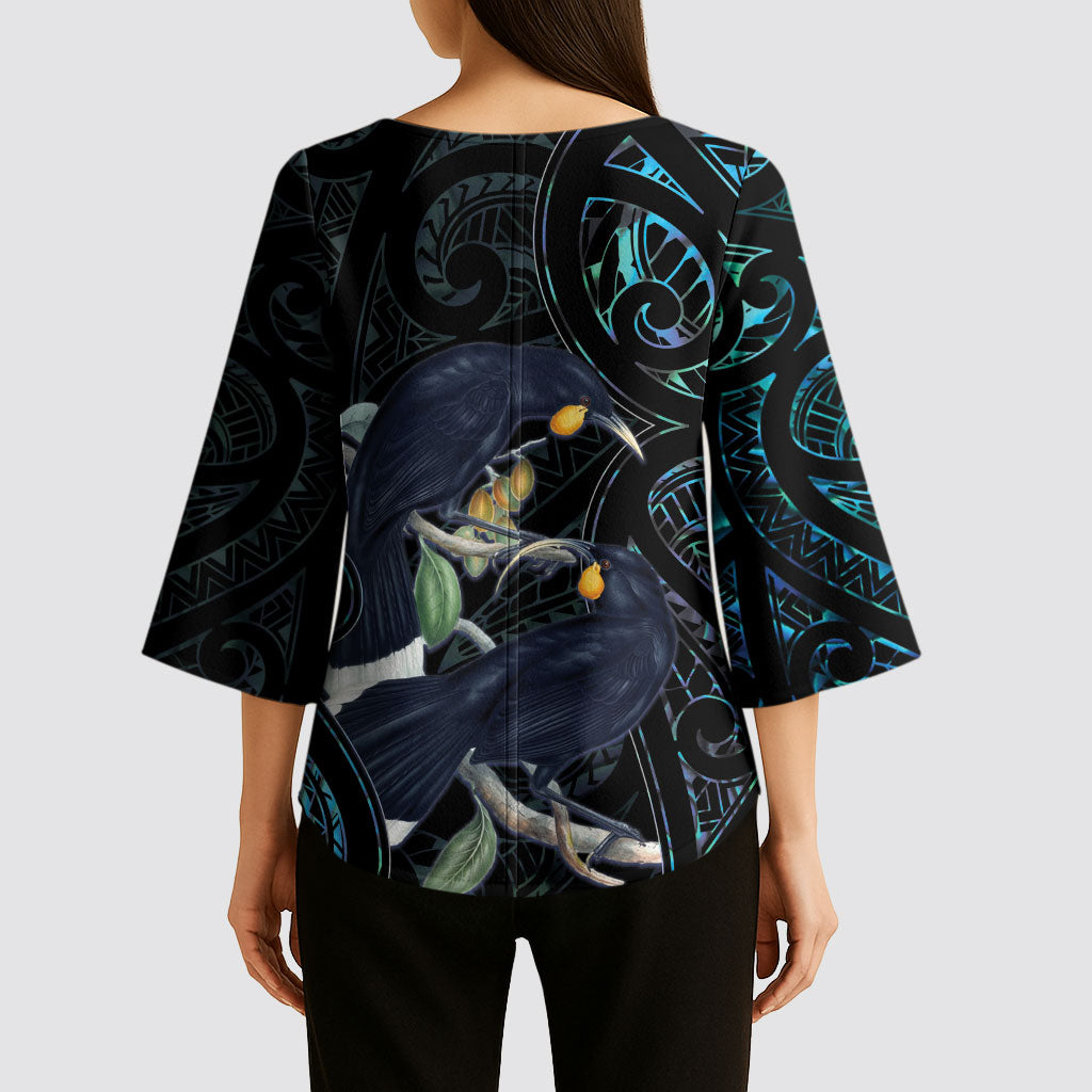 New Zealand Huia Bird Kimono Sleeve Blouse Paua Shell Maori Pattern