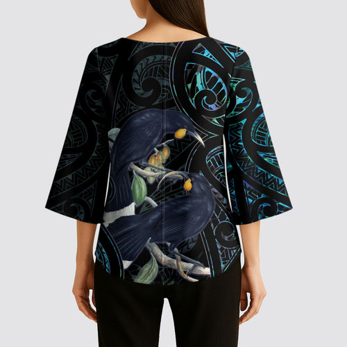 New Zealand Huia Bird Kimono Sleeve Blouse Paua Shell Maori Pattern