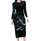 New Zealand Huia Bird Long Sleeve Bodycon Dress Paua Shell Maori Pattern