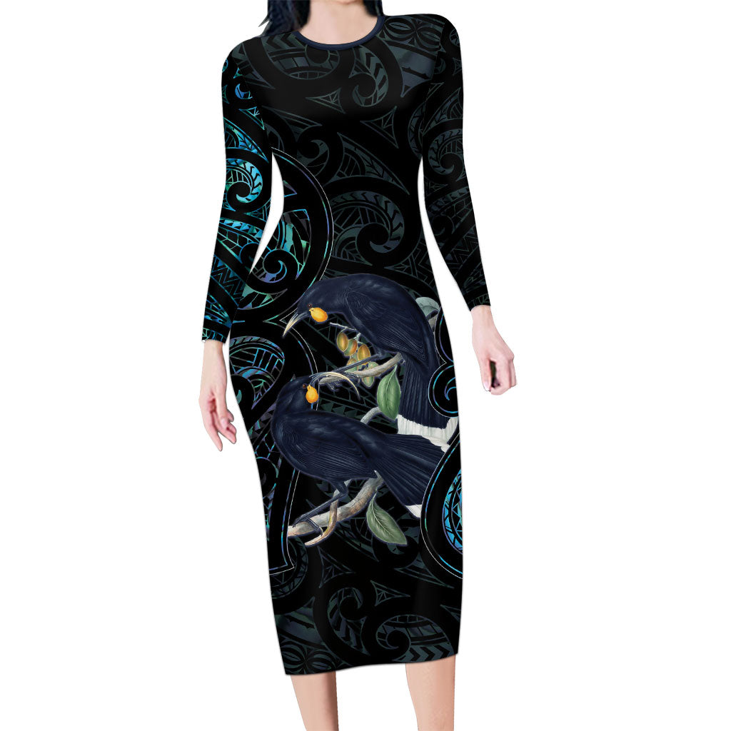 New Zealand Huia Bird Long Sleeve Bodycon Dress Paua Shell Maori Pattern