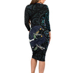 New Zealand Huia Bird Long Sleeve Bodycon Dress Paua Shell Maori Pattern