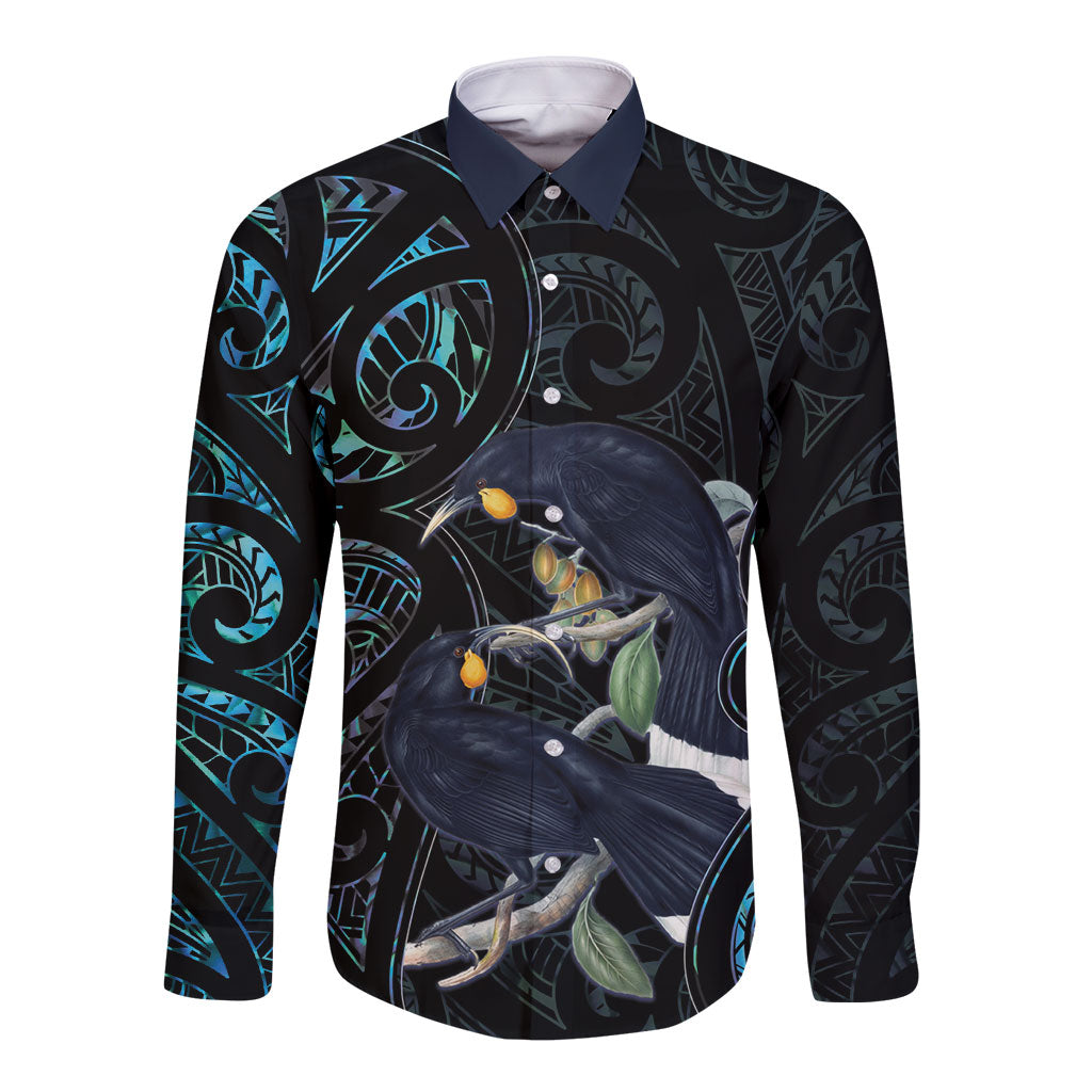New Zealand Huia Bird Long Sleeve Button Shirt Paua Shell Maori Pattern