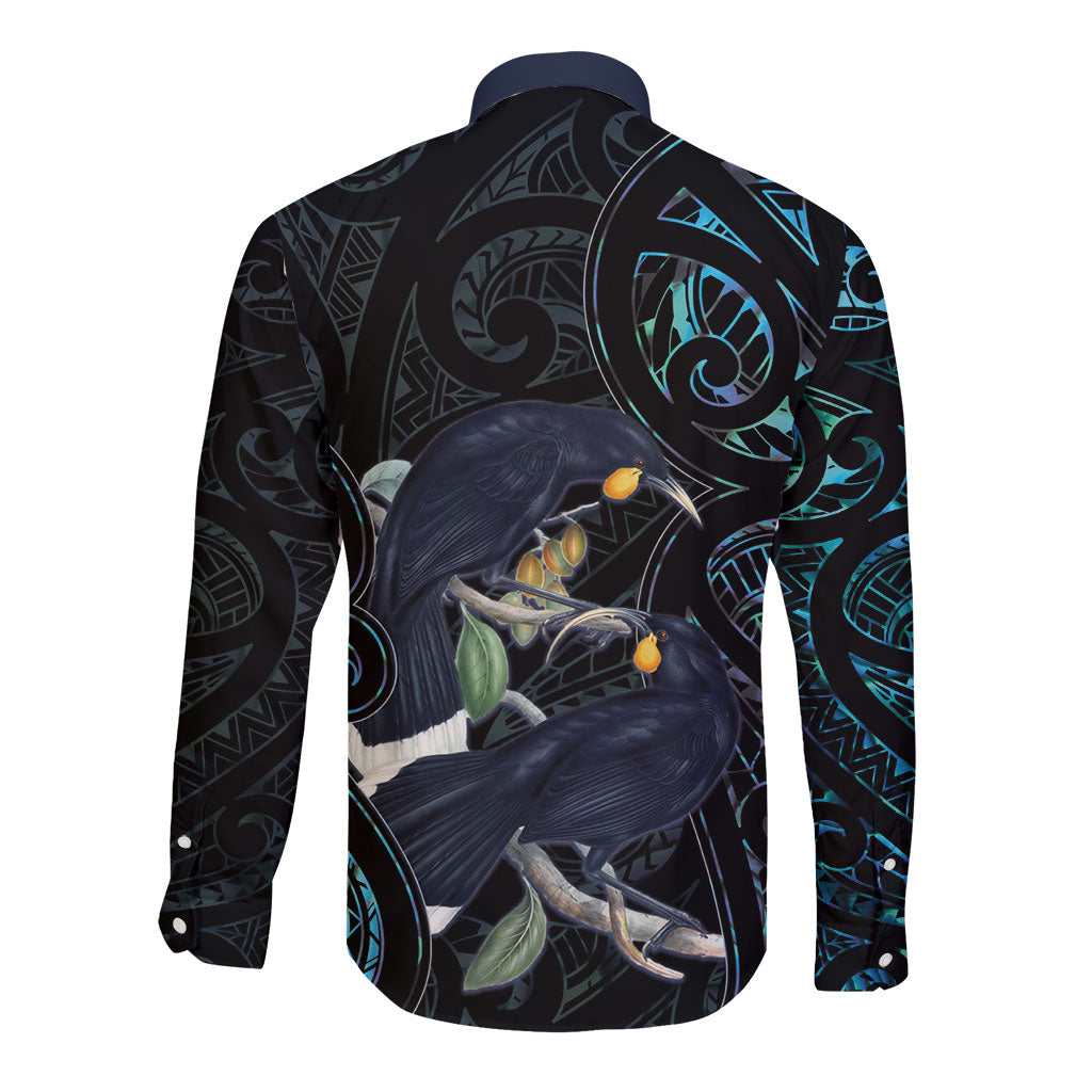 New Zealand Huia Bird Long Sleeve Button Shirt Paua Shell Maori Pattern