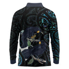 New Zealand Huia Bird Long Sleeve Polo Shirt Paua Shell Maori Pattern