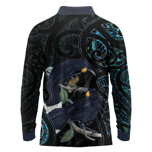 New Zealand Huia Bird Long Sleeve Polo Shirt Paua Shell Maori Pattern