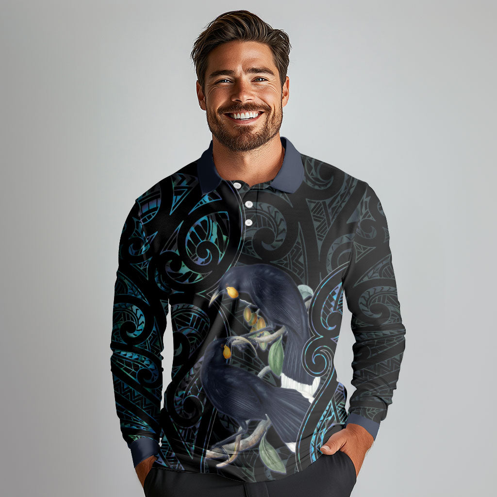 New Zealand Huia Bird Long Sleeve Polo Shirt Paua Shell Maori Pattern