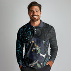 New Zealand Huia Bird Long Sleeve Polo Shirt Paua Shell Maori Pattern