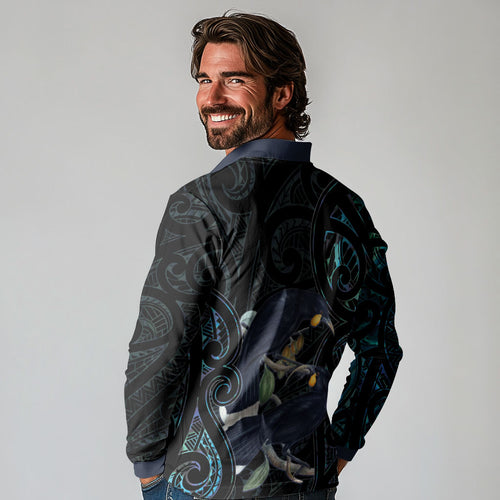 New Zealand Huia Bird Long Sleeve Polo Shirt Paua Shell Maori Pattern