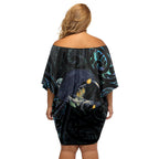 New Zealand Huia Bird Off Shoulder Short Dress Paua Shell Maori Pattern