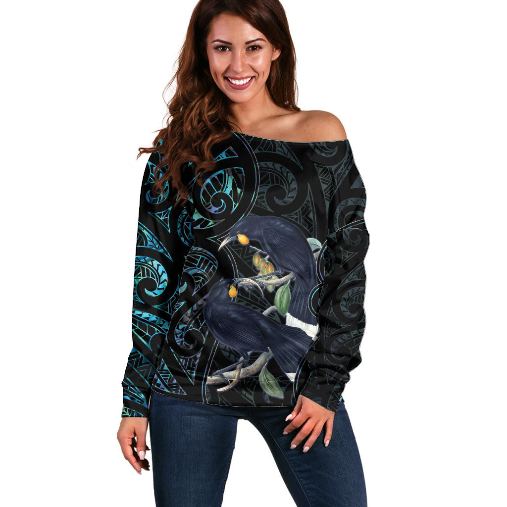 New Zealand Huia Bird Off Shoulder Sweater Paua Shell Maori Pattern