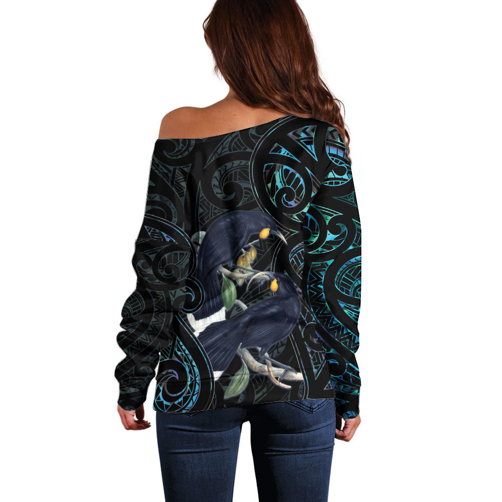 New Zealand Huia Bird Off Shoulder Sweater Paua Shell Maori Pattern