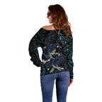 New Zealand Huia Bird Off Shoulder Sweater Paua Shell Maori Pattern