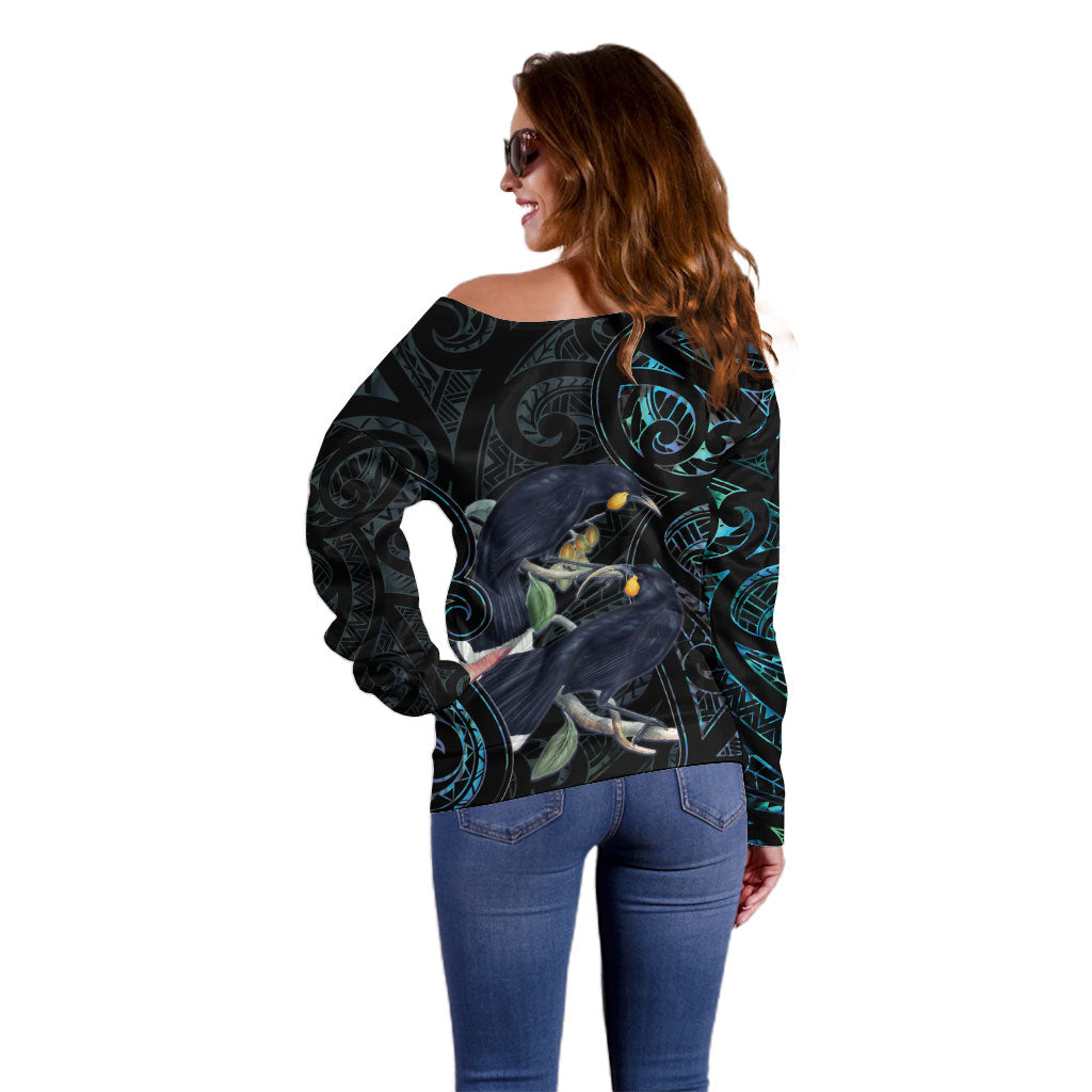 New Zealand Huia Bird Off Shoulder Sweater Paua Shell Maori Pattern