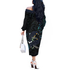 New Zealand Huia Bird Off The Shoulder Long Sleeve Dress Paua Shell Maori Pattern