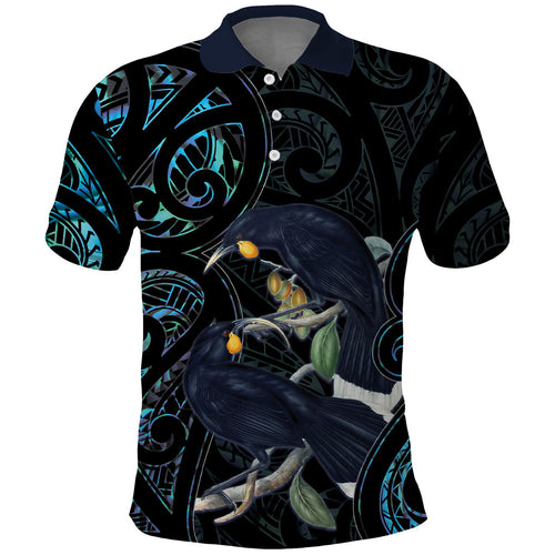 New Zealand Huia Bird Polo Shirt Paua Shell Maori Pattern