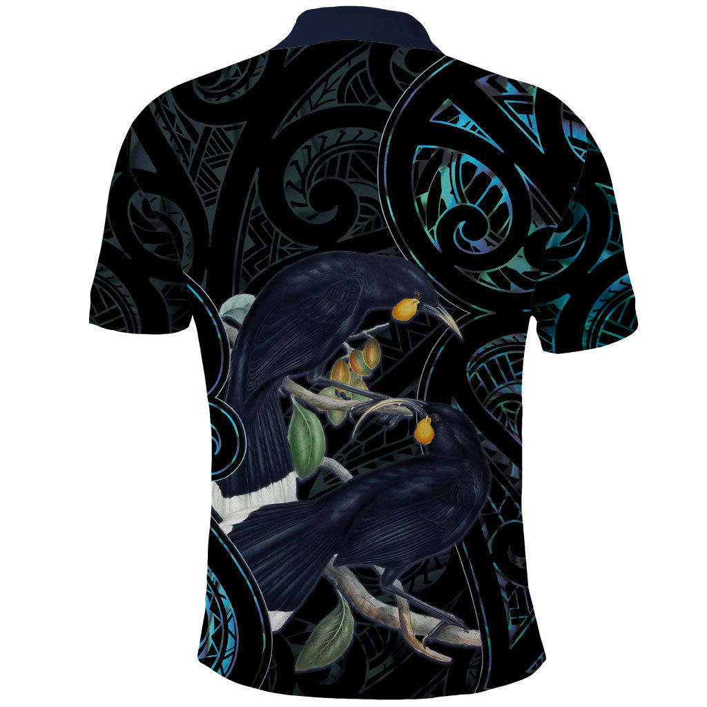New Zealand Huia Bird Polo Shirt Paua Shell Maori Pattern