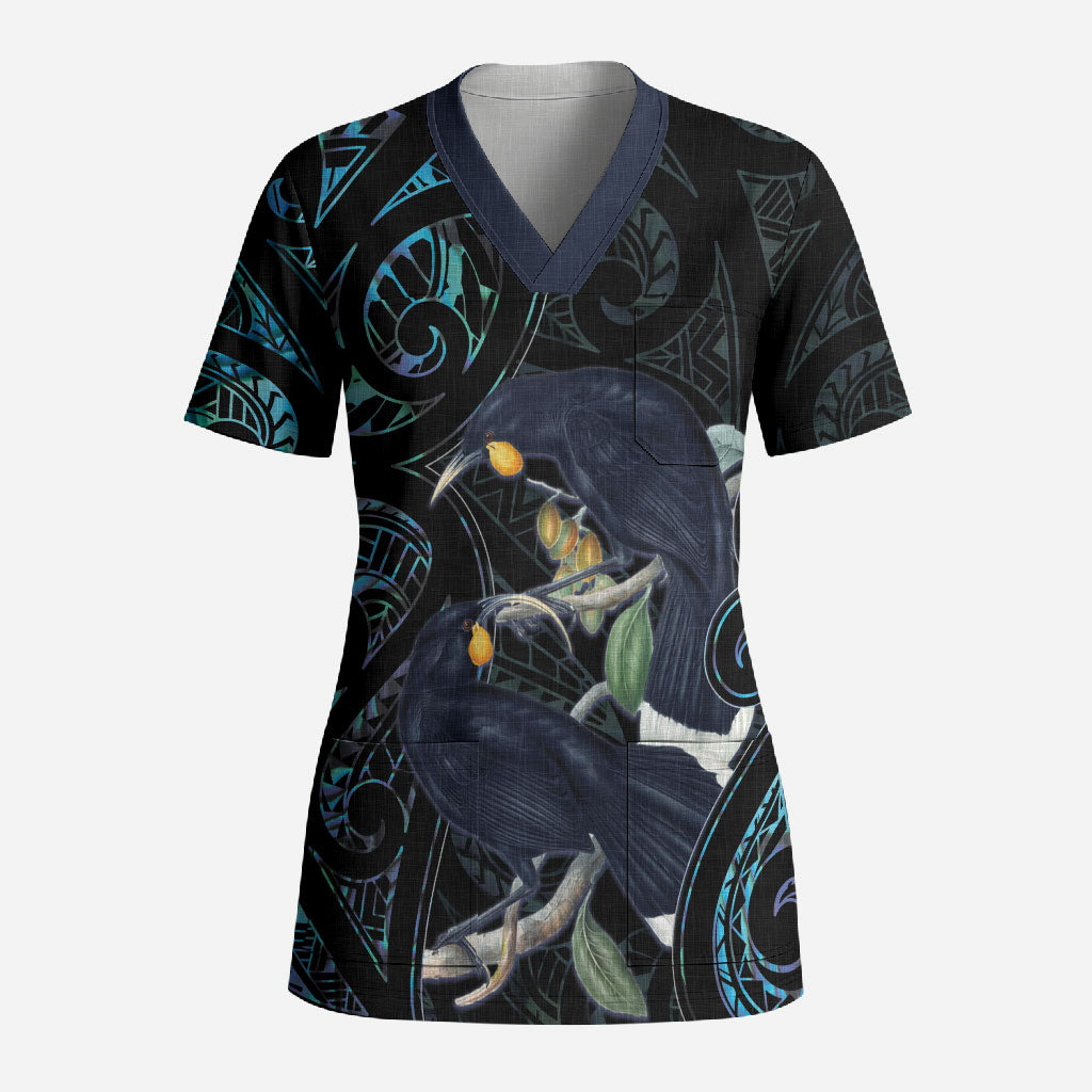 New Zealand Huia Bird Scrub Top Paua Shell Maori Pattern