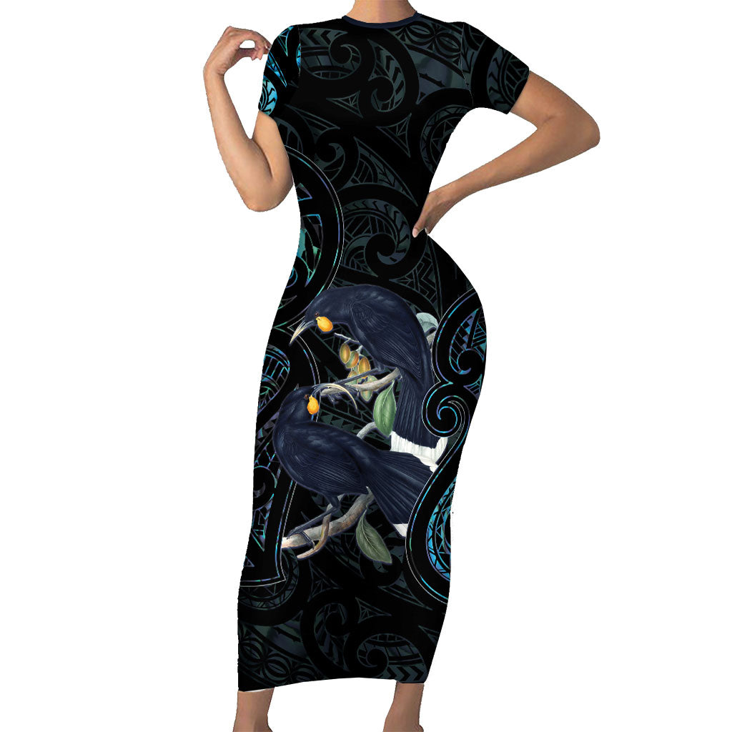 New Zealand Huia Bird Short Sleeve Bodycon Dress Paua Shell Maori Pattern