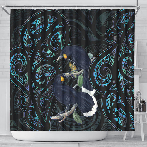 New Zealand Huia Bird Shower Curtain Paua Shell Maori Pattern