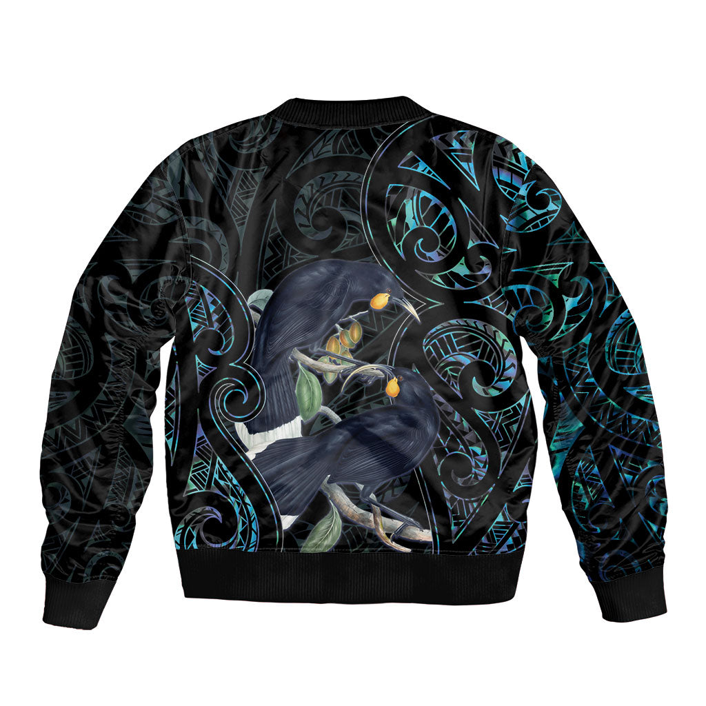 New Zealand Huia Bird Sleeve Zip Bomber Jacket Paua Shell Maori Pattern