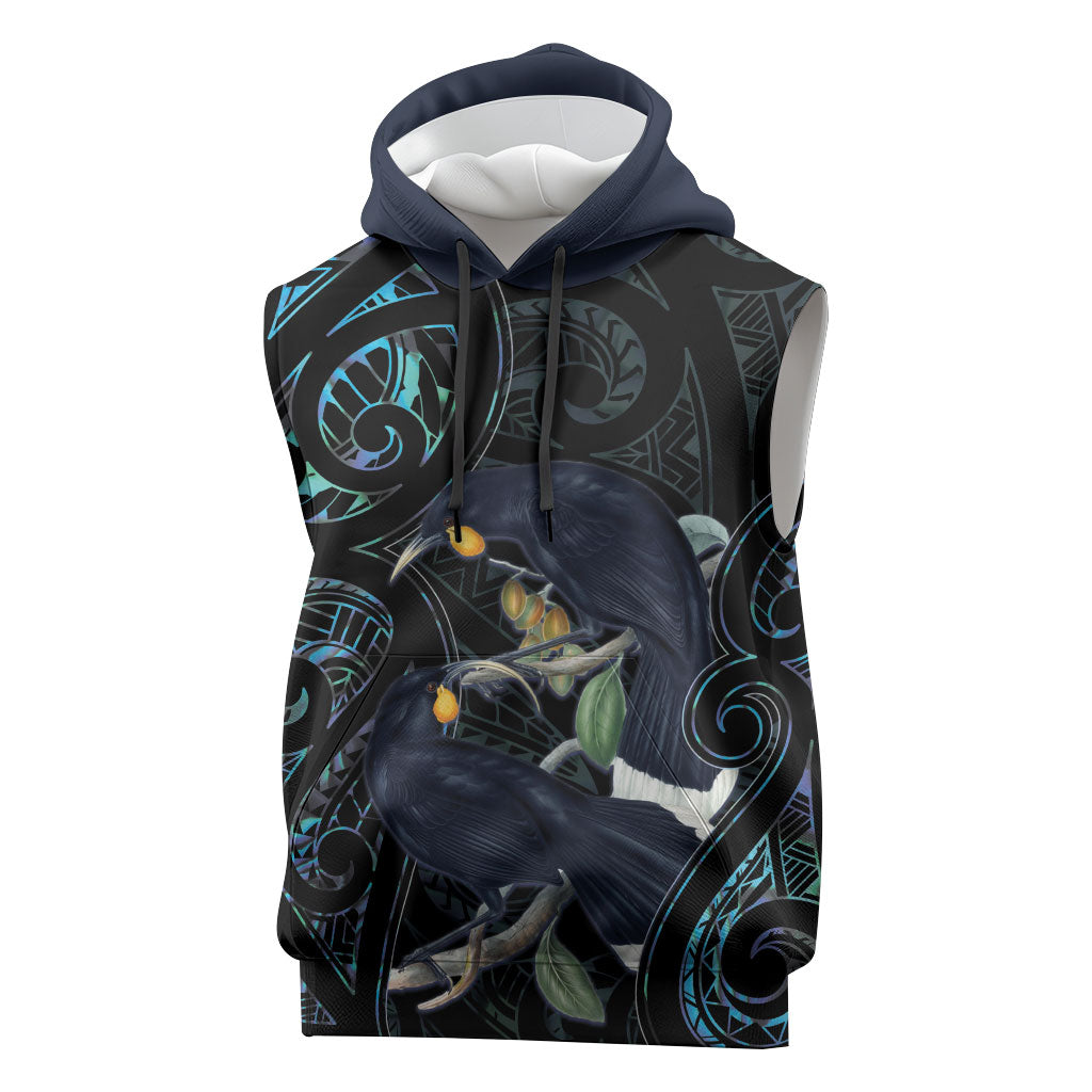 New Zealand Huia Bird Sleeveless Hoodie Paua Shell Maori Pattern