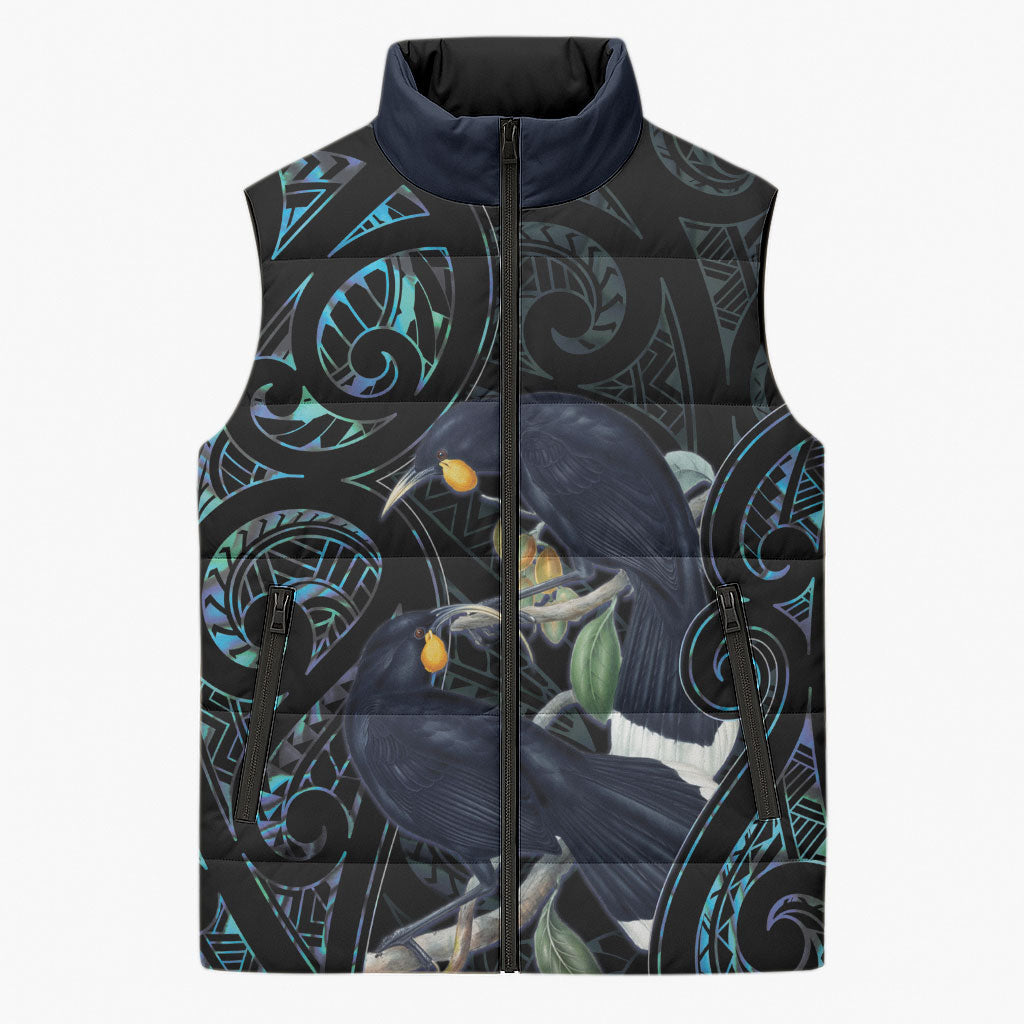 New Zealand Huia Bird Sleeveless Puffer Jacket Paua Shell Maori Pattern