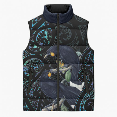 New Zealand Huia Bird Sleeveless Puffer Jacket Paua Shell Maori Pattern