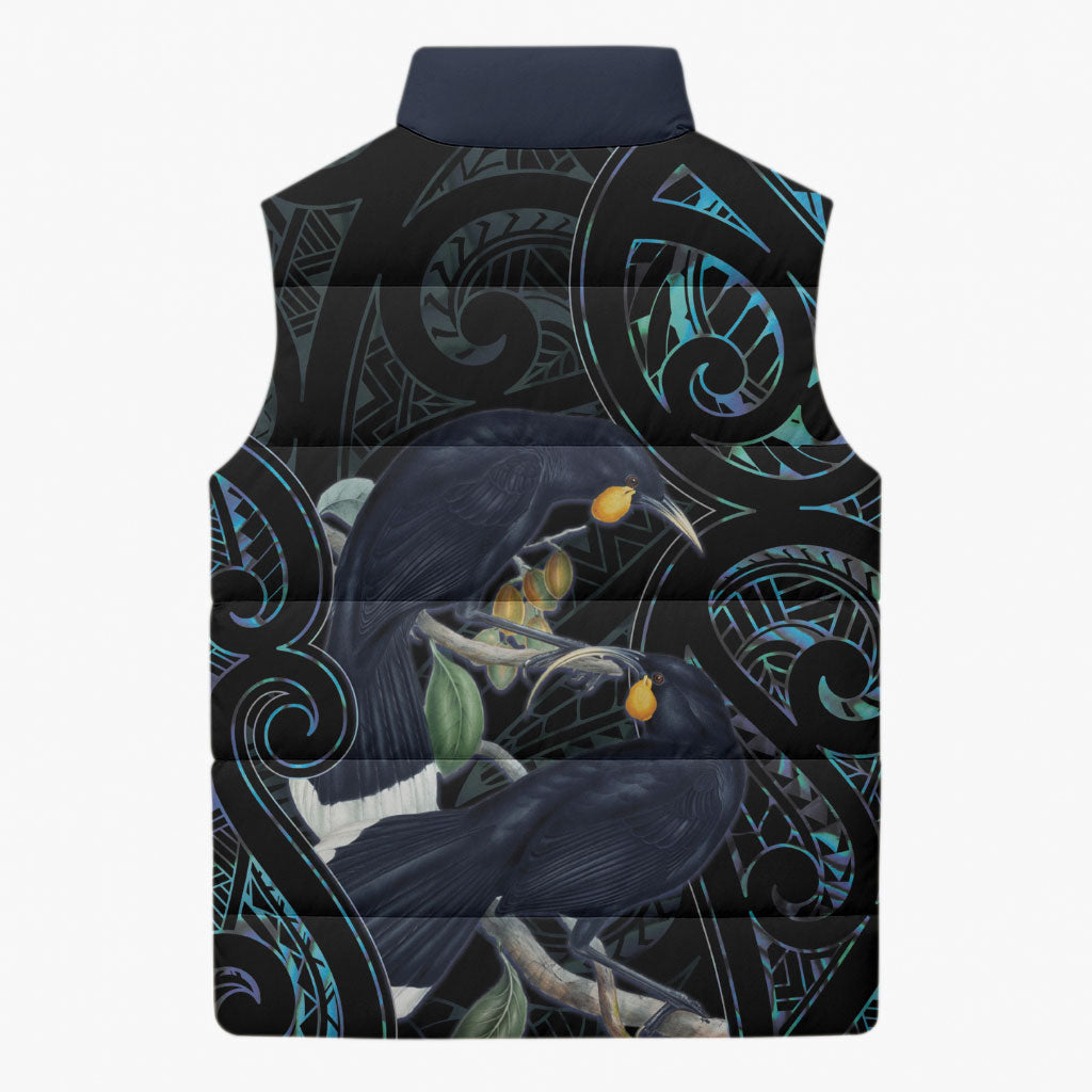 New Zealand Huia Bird Sleeveless Puffer Jacket Paua Shell Maori Pattern