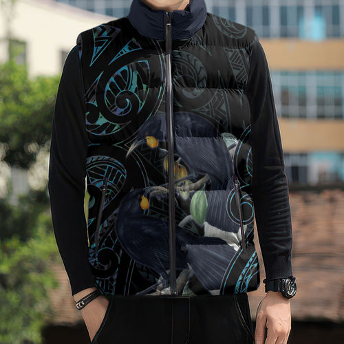 New Zealand Huia Bird Sleeveless Puffer Jacket Paua Shell Maori Pattern